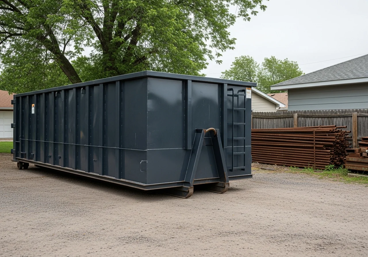 Rolloff dumpster positioned on a residential lot, ready for debris removal.