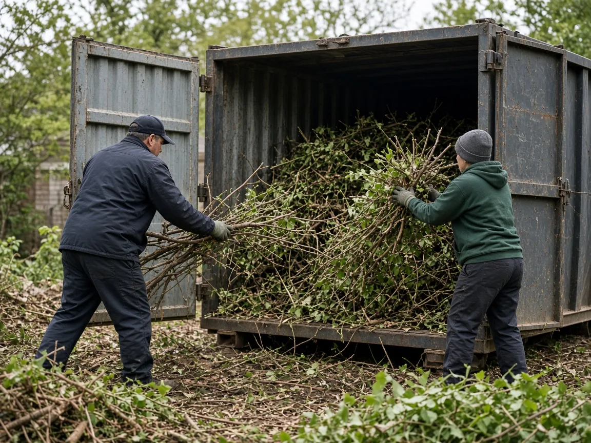 Workers loading branches and yard debris into a roll-off dumpster