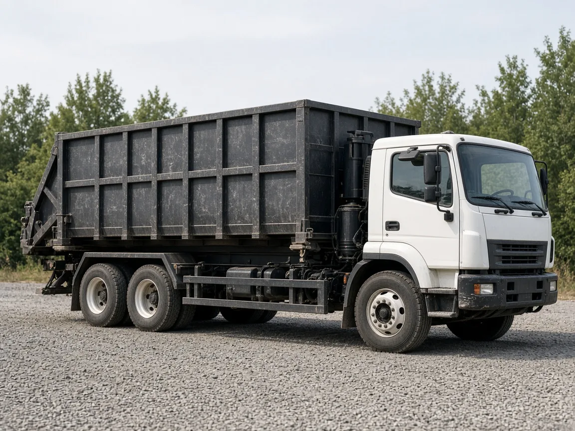 Roll-off truck transporting a steel dumpster container