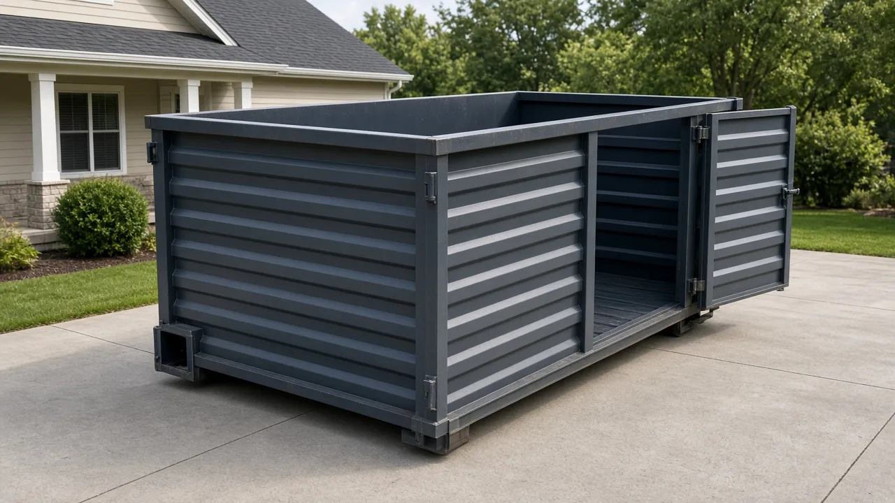 Roll-off dumpster on a residential driveway — Reliable Lot Maintenance