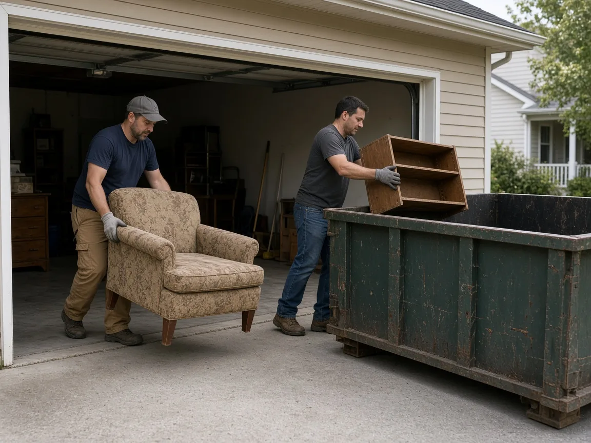 Workers carrying furniture toward a roll-off dumpster for removal