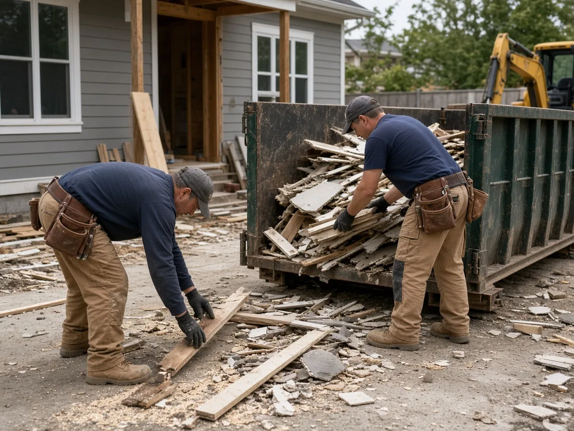 Workers cleaning up construction debris beside a roll-off dumpster on a job site