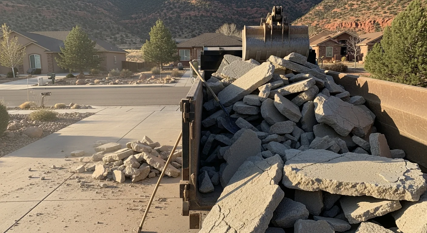 A pile of broken concrete slabs and driveway chunks loaded into a hauling truck on a Cedar City residential property. The cleared lot shows bare ground ready for new construction or landscaping.