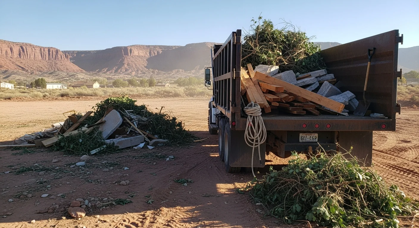A cleared residential lot in Cedar City with brush, yard waste, and construction debris loaded into a hauling truck by a Reliable Lot Maintenance crew. The surrounding terrain shows the dry, rocky landscape typical of the Iron County area.